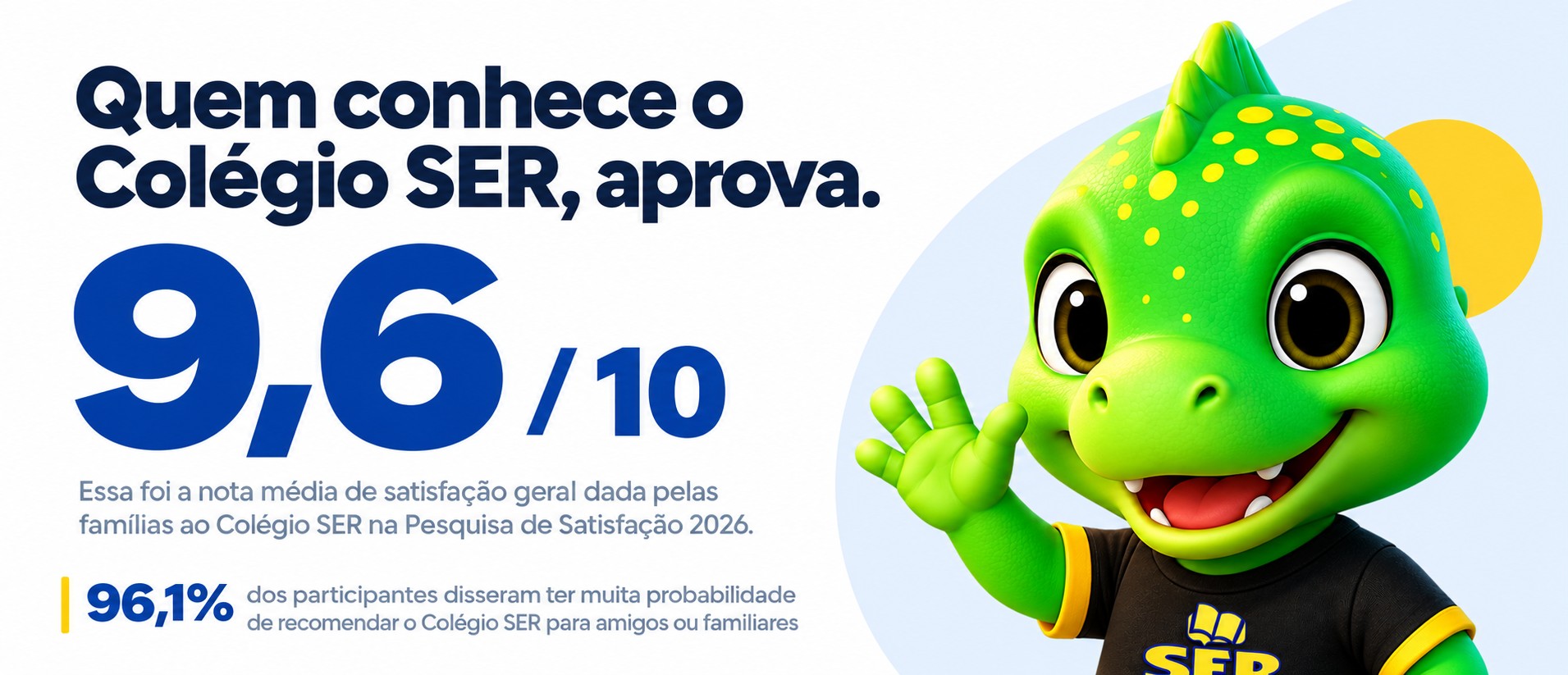 Quem conhece o Colégio SER, aprova — nota 9,6 de 10 na Pesquisa de Satisfação 2026